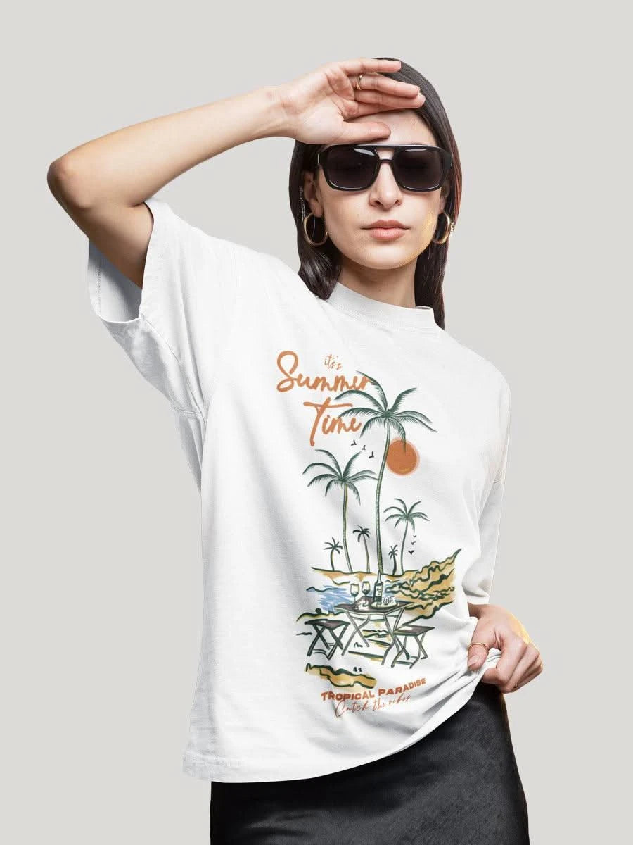 It's Summer Time Tropical Print Beach Graphic Oversized Tee