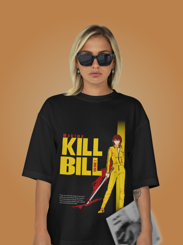 The Vengeance Duo: Kill Bill x Makima Crossover Oversized Black Printed T-shirt