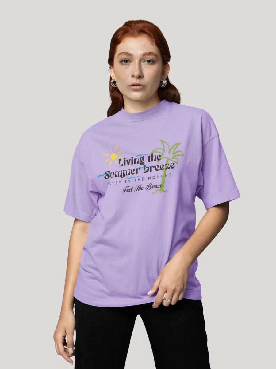 Living the Summer Breeze Lavender Oversized Summer Typography T-shirt