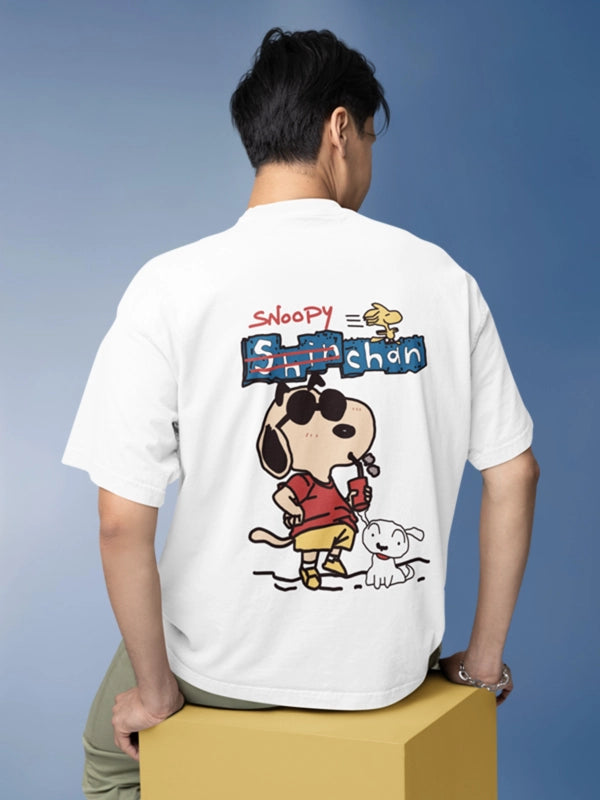 Funtastic Snoopy and Shinchan Crossover Oversized White T-shirt