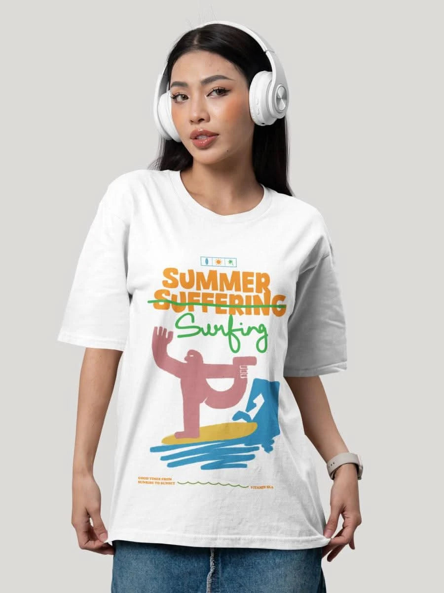White Summer Surfing Vibe Oversized Graphic Tee