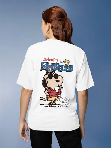 Funtastic Snoopy and Shinchan Crossover Oversized White T-shirt