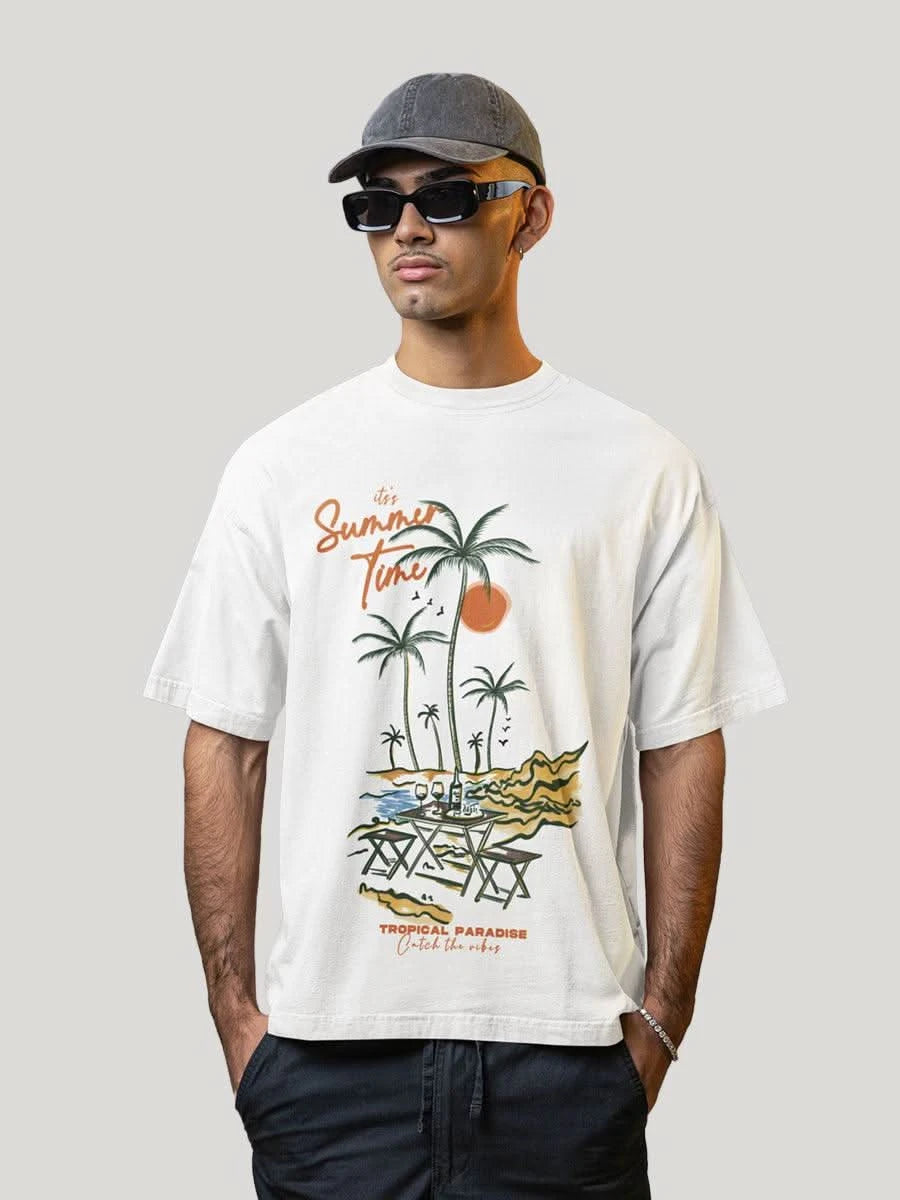It's Summer Time Tropical Print Beach Graphic Oversized Tee