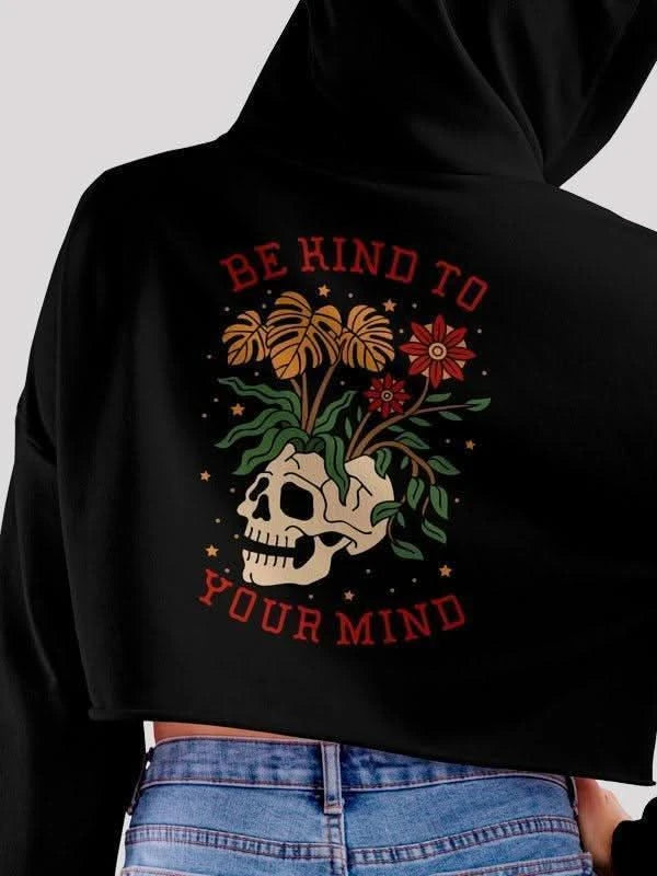 Your Mind Black Crop- Hoodie For Women