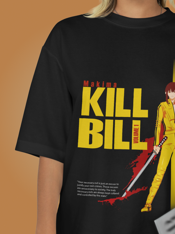 The Vengeance Duo: Kill Bill x Makima Crossover Oversized Black Printed T-shirt