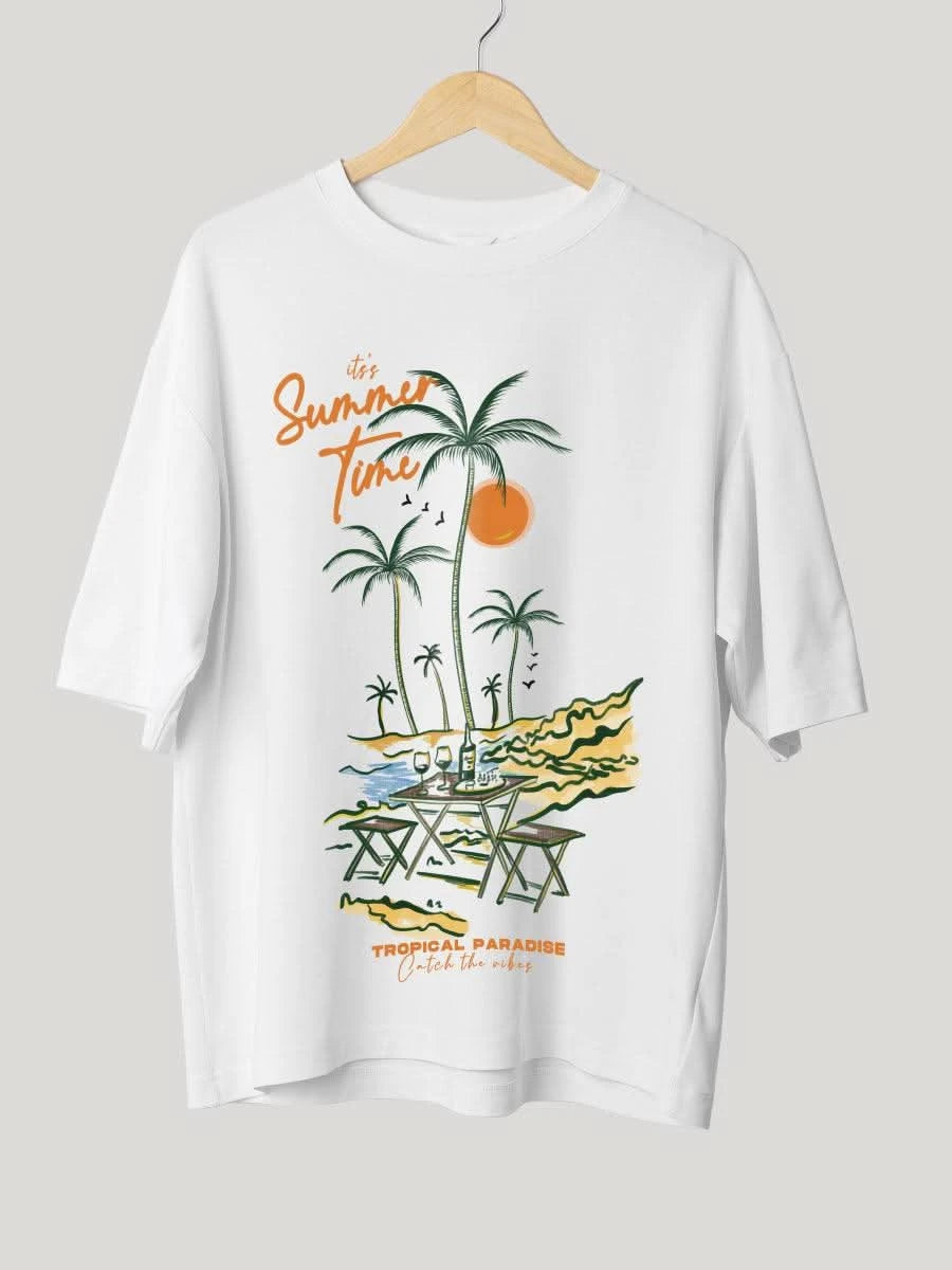 It's Summer Time Tropical Print Beach Graphic Oversized Tee