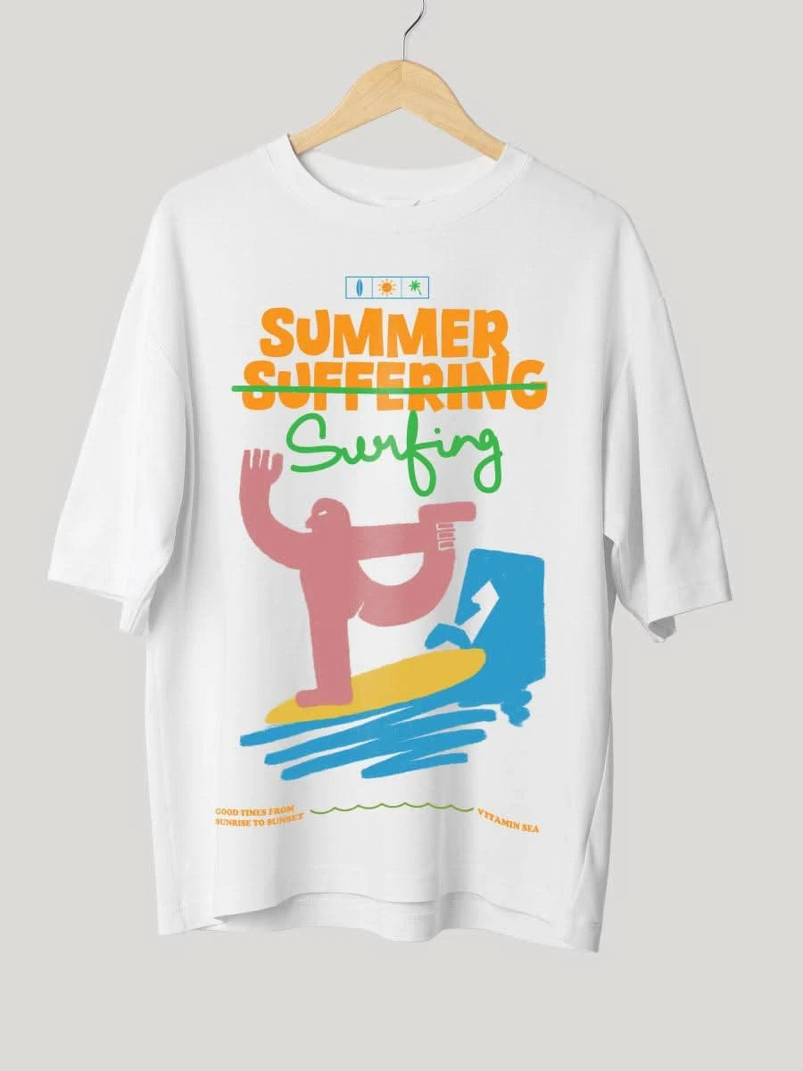 White Summer Surfing Vibe Oversized Graphic Tee