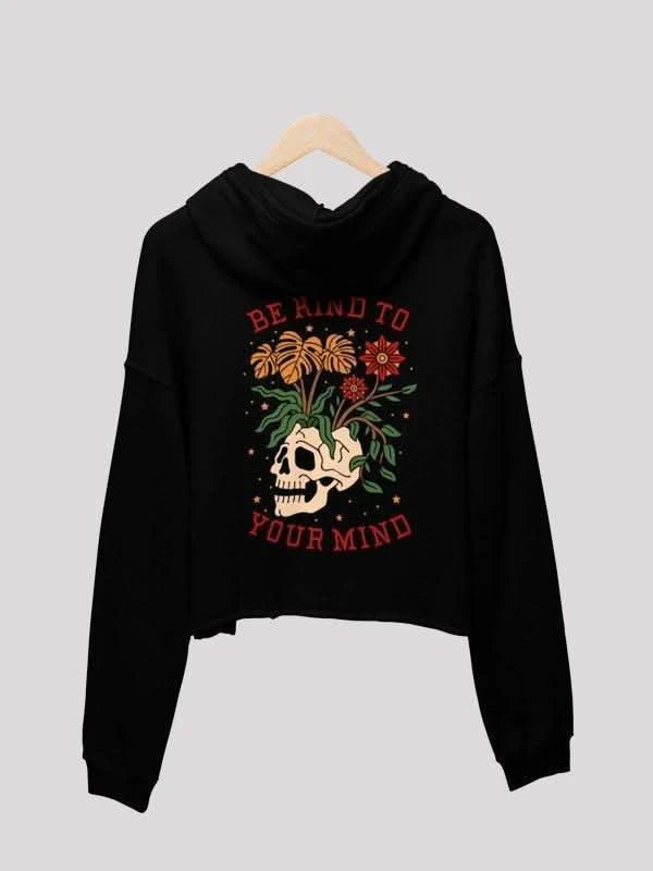 Your Mind Black Crop- Hoodie For Women