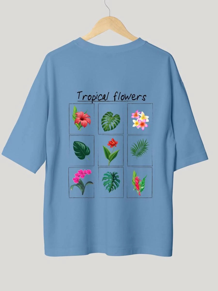 Blue Tropical Bloom & Flowers of the Summer Oversized Graphic Tee