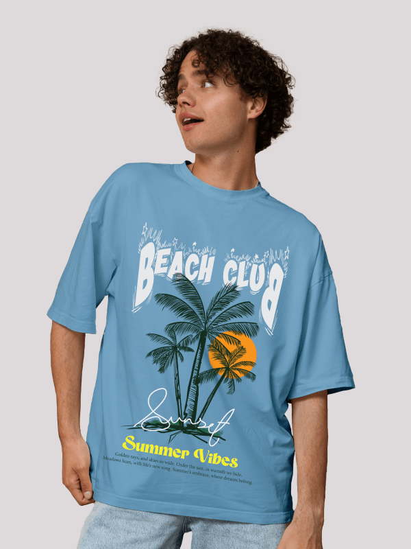 Calm Blue Beach Club Printed Oversized Summer Graphic Tee