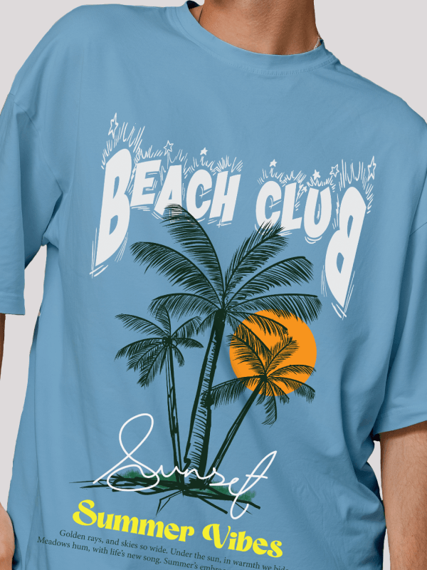 Calm Blue Beach Club Printed Oversized Summer Graphic Tee