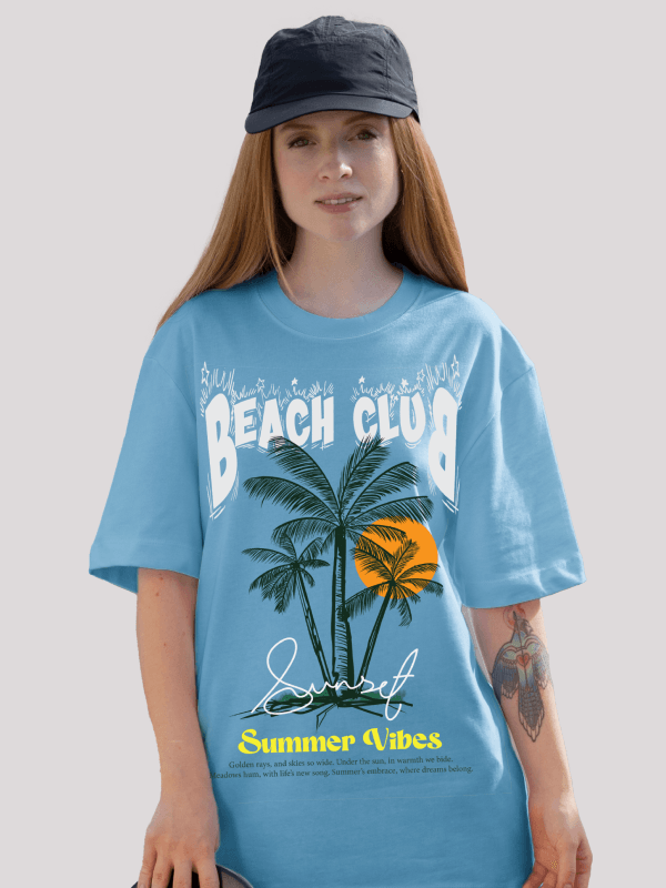 Calm Blue Beach Club Printed Oversized Summer Graphic Tee