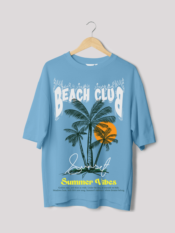 Calm Blue Beach Club Printed Oversized Summer Graphic Tee