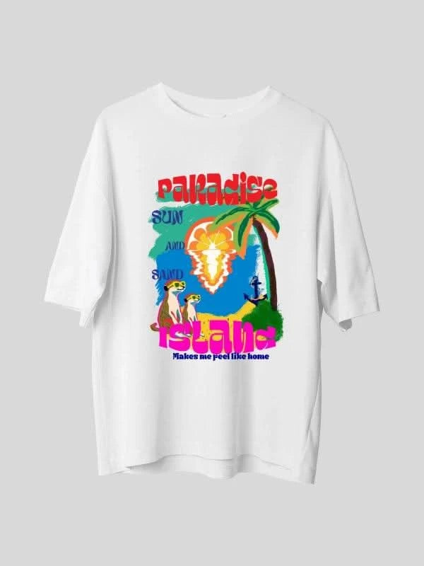 Vibrant Paradise Island White Oversized Summer Graphic Tee