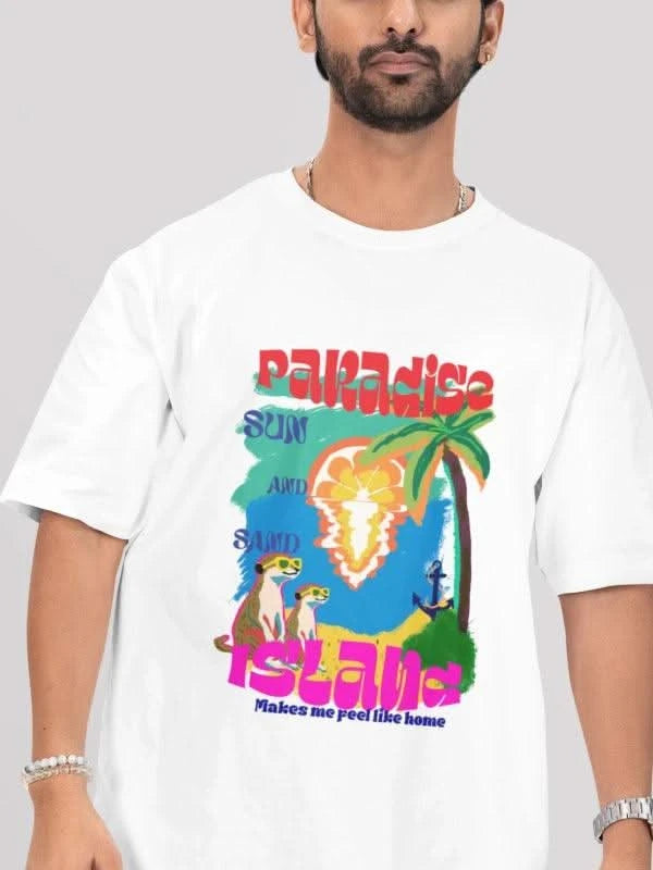 Vibrant Paradise Island White Oversized Summer Graphic Tee