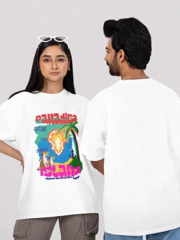 Vibrant Paradise Island White Oversized Summer Graphic Tee