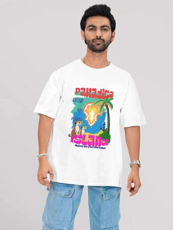 Vibrant Paradise Island White Oversized Summer Graphic Tee