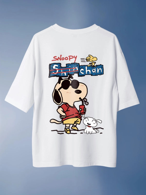 Funtastic Snoopy and Shinchan Crossover Oversized White T-shirt