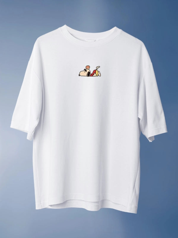 Funtastic Snoopy and Shinchan Crossover Oversized White T-shirt