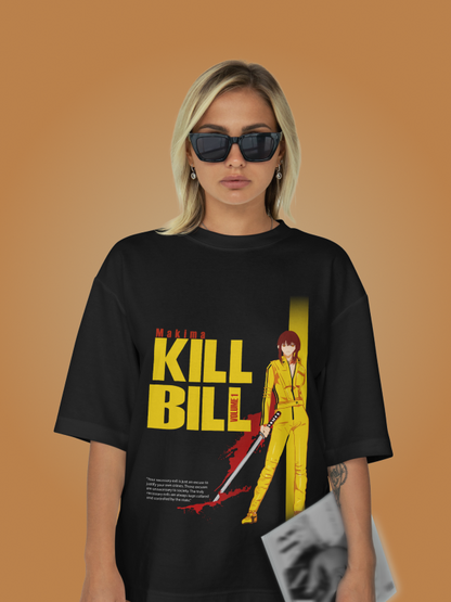 The Vengeance Duo: Kill Bill x Makima Crossover Oversized Black Printed T-shirt