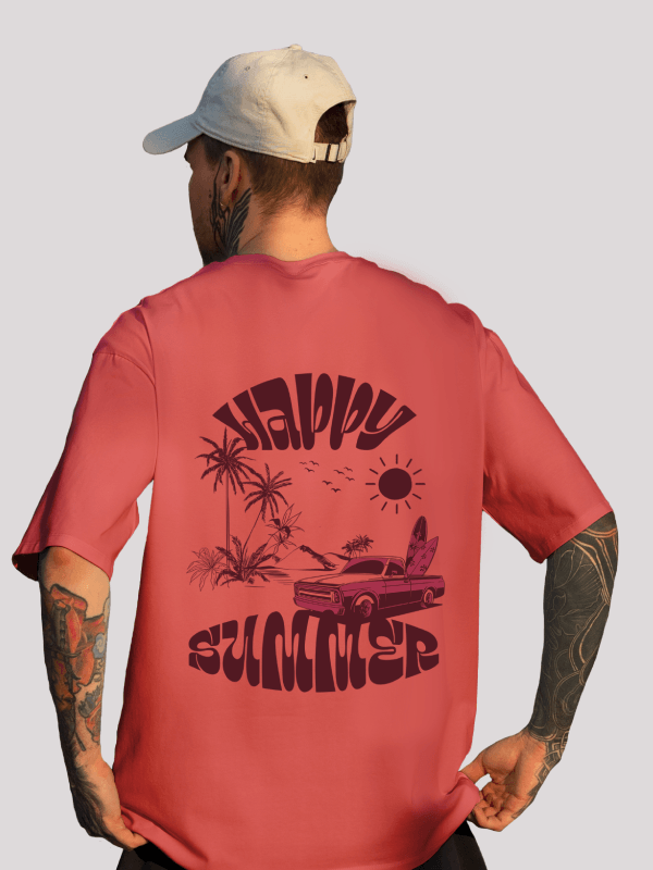 Cool Red Happy Summer Beach Typography Oversized Graphic Tee