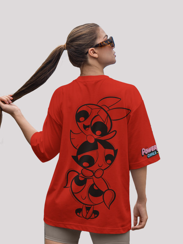 The Power Puff Girls: Cartoon-Themed Oversized Printed Red T-shirt
