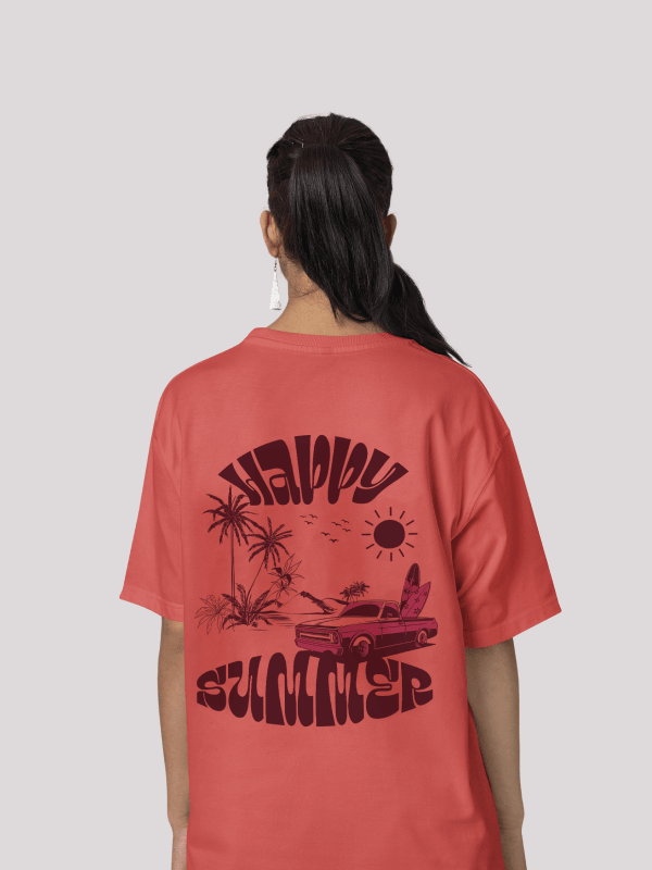 Cool Red Happy Summer Beach Typography Oversized Graphic Tee