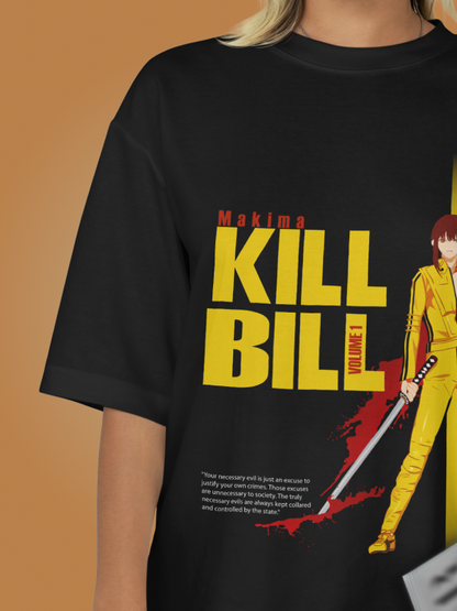 The Vengeance Duo: Kill Bill x Makima Crossover Oversized Black Printed T-shirt