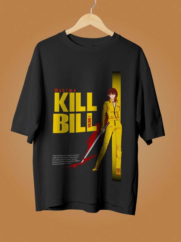 The Vengeance Duo: Kill Bill x Makima Crossover Oversized Black Printed T-shirt