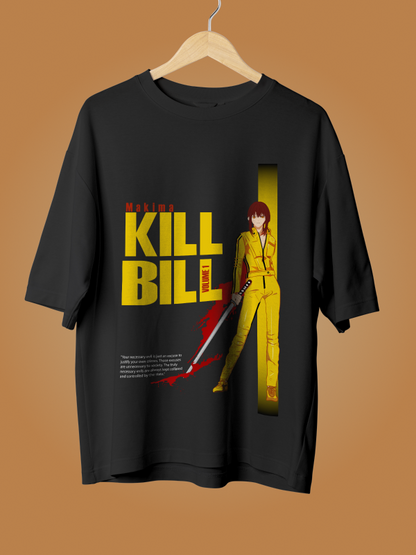 The Vengeance Duo: Kill Bill x Makima Crossover Oversized Black Printed T-shirt