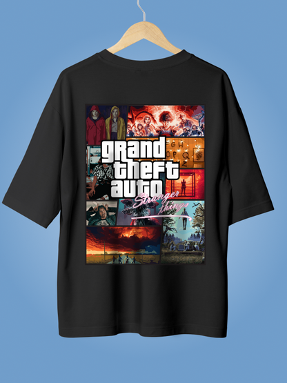 GTA x Stranger Things Black Oversized Graphic Tee