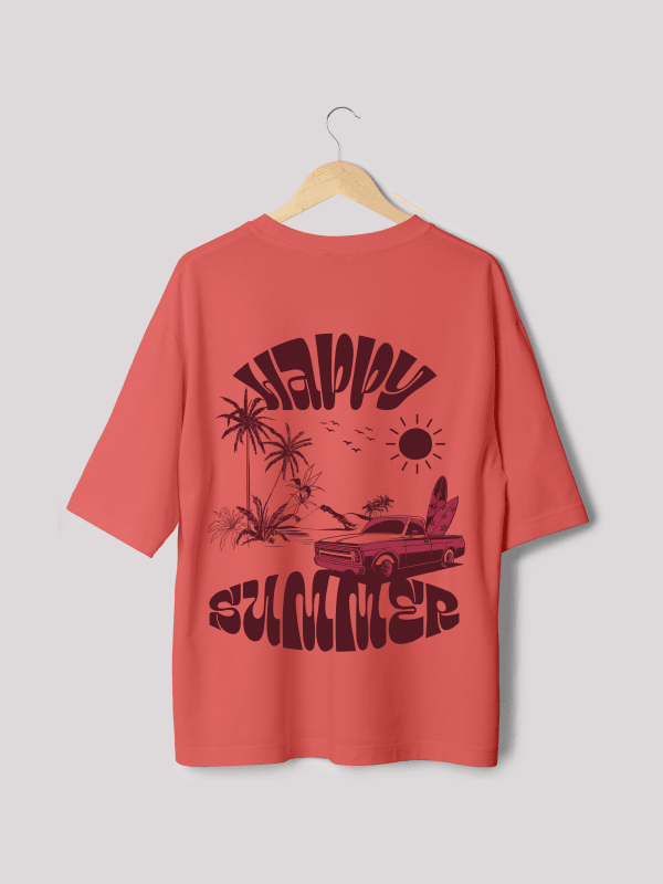 Cool Red Happy Summer Beach Typography Oversized Graphic Tee