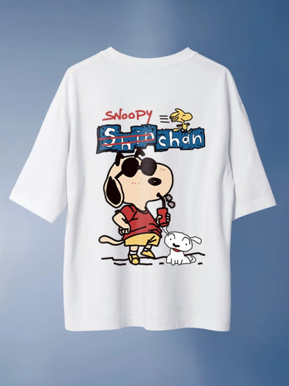 Funtastic Snoopy and Shinchan Crossover Oversized White T-shirt